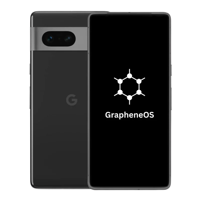 Front and back of the dark phone, with GrapheneOS displayed on screen