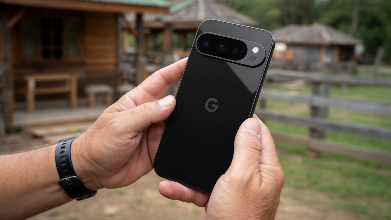 Black Pixel phone held in two hands outdoors