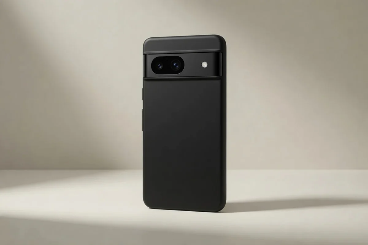 Dark dual-camera phone standing on a neutral studio surface