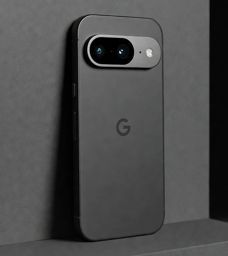 Graphite phone with a silver camera bar against a dark wall